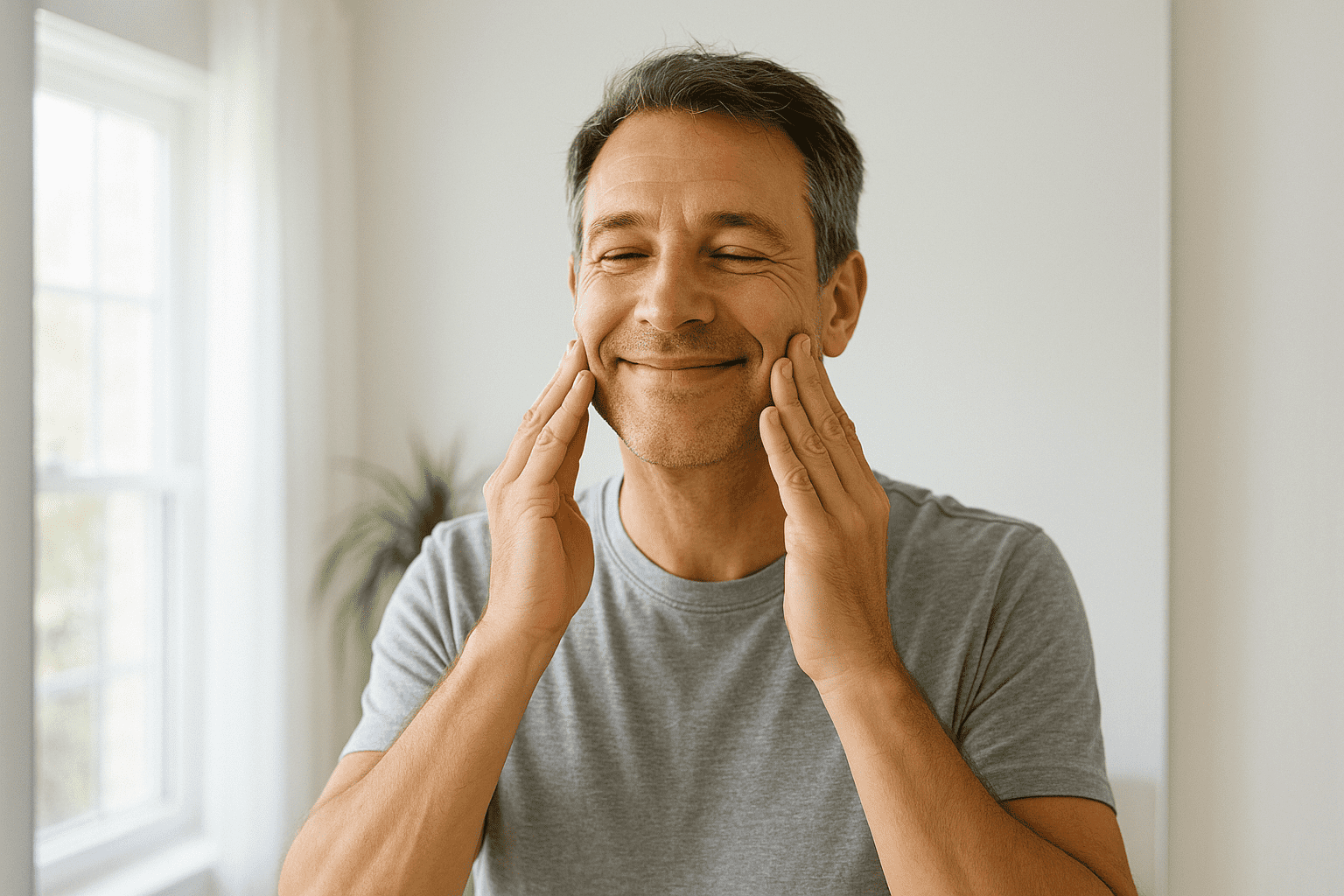 a young man rubbing his face